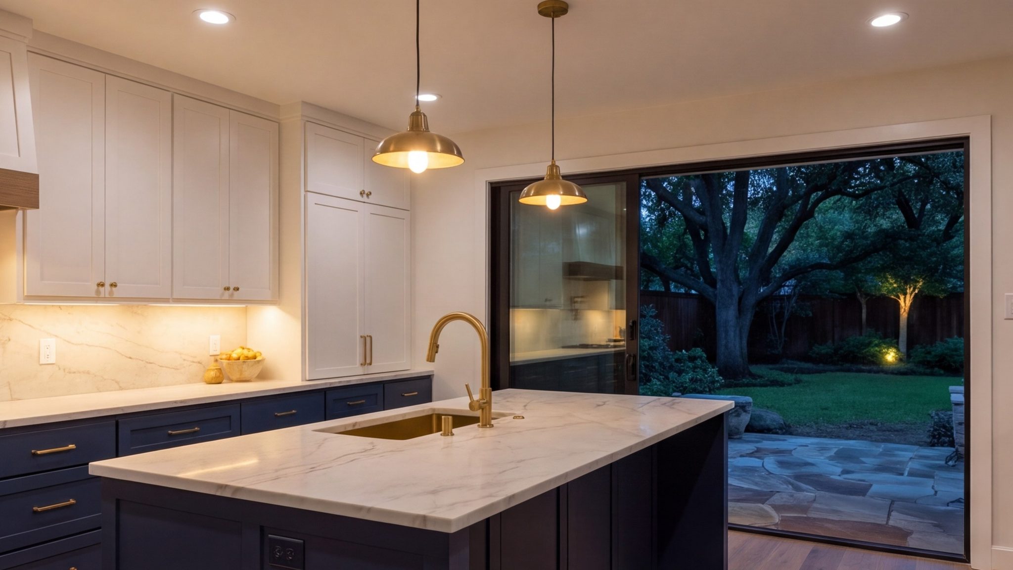 Modern kitchen at dusk with a lit island, open to the back yard, in Lake Highlands, Dallas