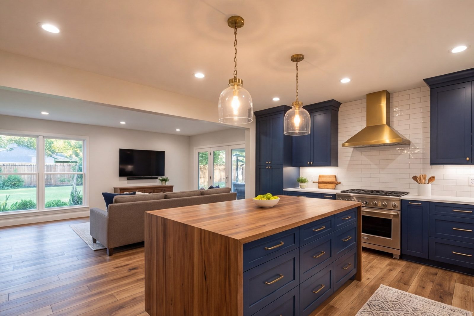 Lake Highlands ranch-house kitchen opened to the den with a long island