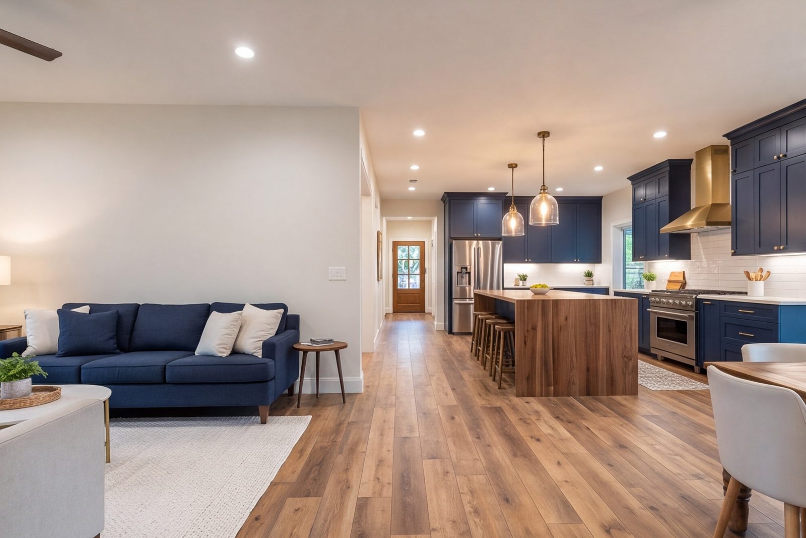 Casa Linda whole-home remodel, kitchen flowing into the living room